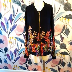 Lightweight floral navy zip up bomber jacket